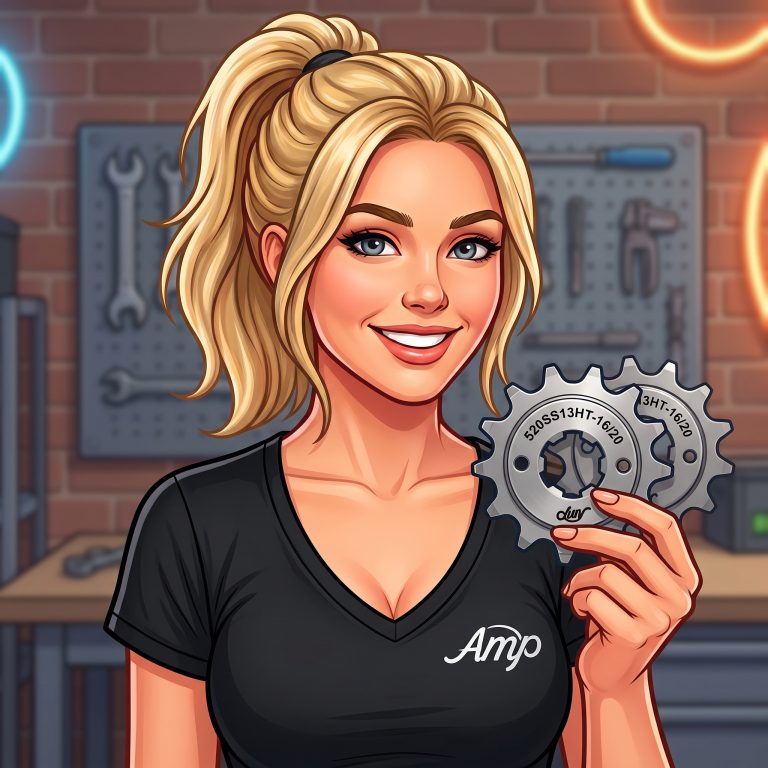 Ali holding two AmpSprockets racing sprockets
